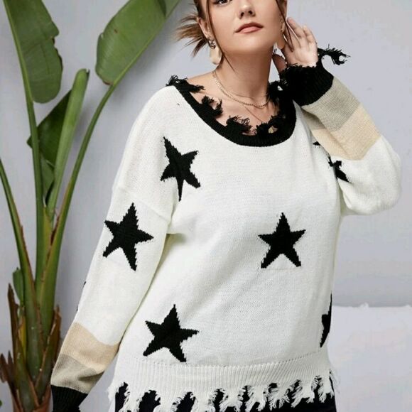 Plus Star Pattern Drop Shoulder Distressed Sweater - Picture 4 of 5